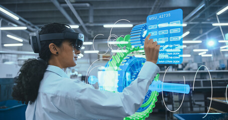 Female Engineer Uses VR Headset to Interact With and Design 3D Engine Component in a Modern Industrial CAD Software. Virtual Reality and Engineering Advancements.