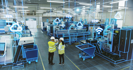 Factory Digitalization: Two Industrial Engineers Use Tablet Computer, Big Data Statistics...