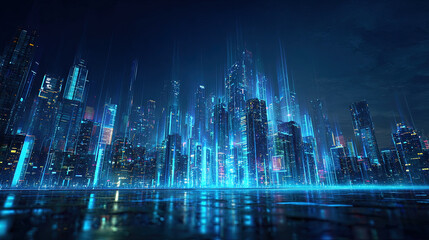 Abstract futuristic cityscape with holographic data displays, blue neon lights, high-tech vibe, no people