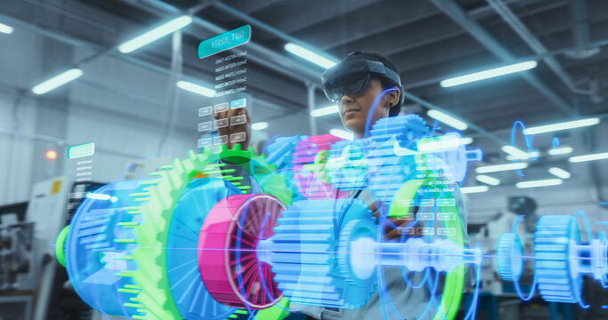 Female Engineer Uses VR Headset to Design 3d Engine Components in a High-tech Industrial Setting, Showcasing Advanced Virtual Reality and Engineering Technology.