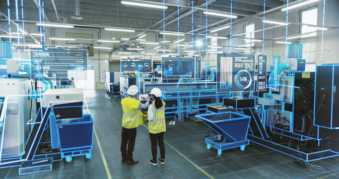 Two Engineers in Safety Gear Use a Tablet to Interact With Holographic Data in a High-tech Factory, Surrounded by Advanced Machinery and Digital Interfaces, Illustrating a Futuristic Manufacturing