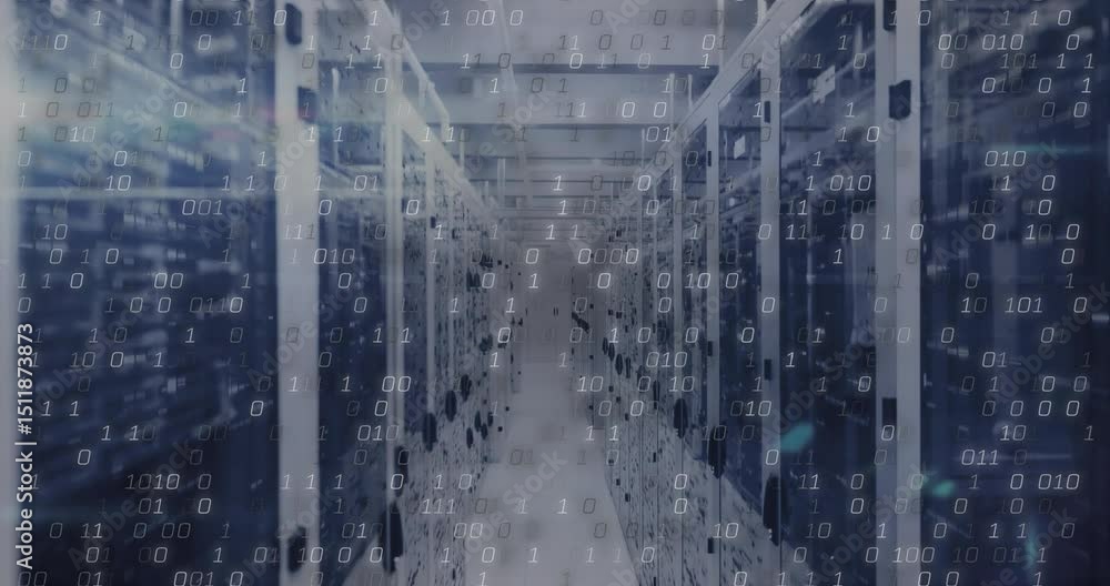 Poster on receiving signal, server corridor animating binary rain cascading to visualize data flow in 3d