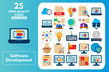 Software Development Flat Icon Set. Incleded Icons Api, Lightbulb, Content, Web Security, Priority, Development, Programming, Cardboard. Vector Icons Collection