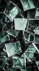 Fractured Reality: An artistic display of shattered glass pieces and abstract reflection