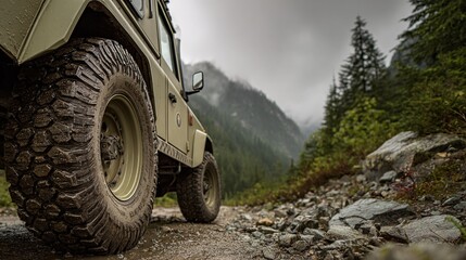 Fototapeta premium Off-road tires gripping rugged terrain on an overland vehicle in a mountain setting