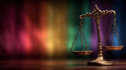 Scales of justice positioned against a blurred rainbow flag, symbolizing LGBTQ+ rights and the pursuit of equality and fairness in legal systems. : Generative AI