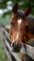 A horse is enjoying grazing near a rustic wooden fence, surrounded by lush greenery under clear skies during the daytime. The serene atmosphere highlights rural beauty