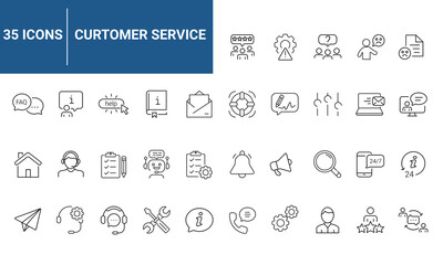 Customer service set of web icons in line style. Help and support. Support and service icons for web and mobile app. Online help, assistance, customer, 24 hrs, service and more. Vector illustration