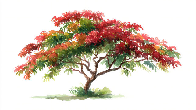 A single watercolor flamboyant tree