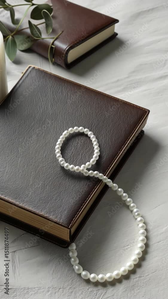 Poster soft candlelight illuminates a leather-bound book with pearls and greenery, creating a serene and el