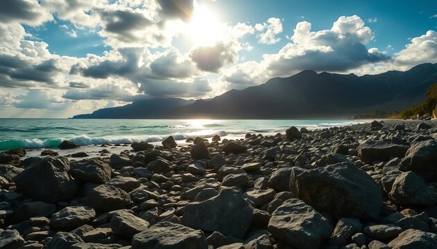 Sun-drenched rocky beach, mountains under cloudy sky Ample copy space,  calm, sunlight