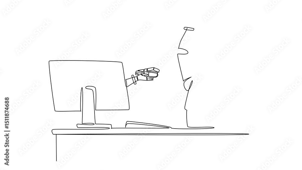Poster animated self drawing of single continuous line drawing hand of robot out from monitor screen holdin
