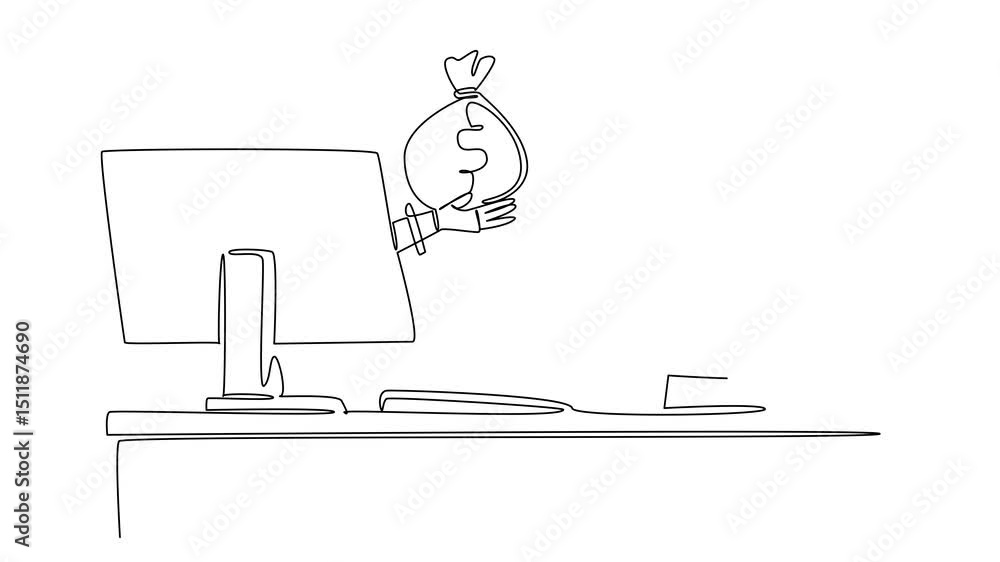 Poster animation of continuous one line drawing hand of robot out from monitor screen holding a safe money 