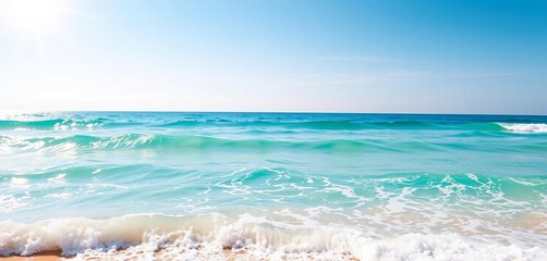 Sun-kissed beach, vibrant ocean, playful waves, clear sky, summer bliss, escape, cheerful