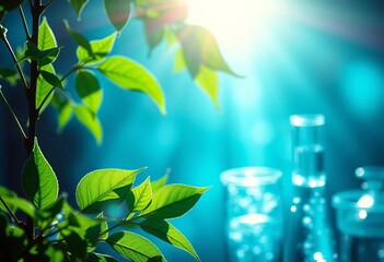 Sunlight illuminates green leaves & lab glassware with molecular structures visible,  inorganic chemistry, nature
