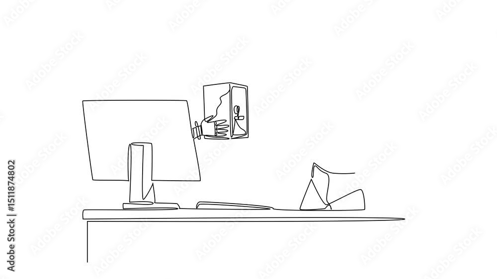 Aufkleber animation of continuous line drawing hand of robot out from monitor holding a safe deposit box. the 