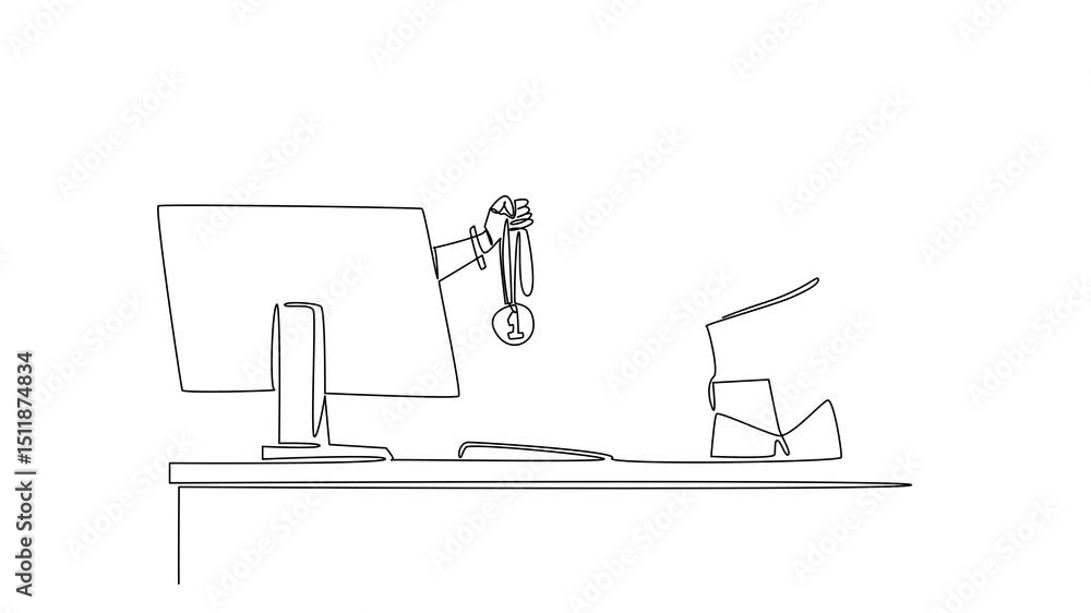 Poster animated self drawing of single continuous line drawing hand of robot out of monitor screen while ho