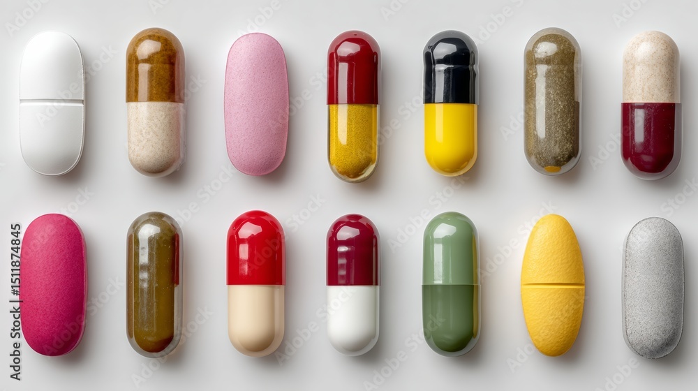 Poster row of pills are lined up in a row, with some being multicolored and others being white. the pills a
