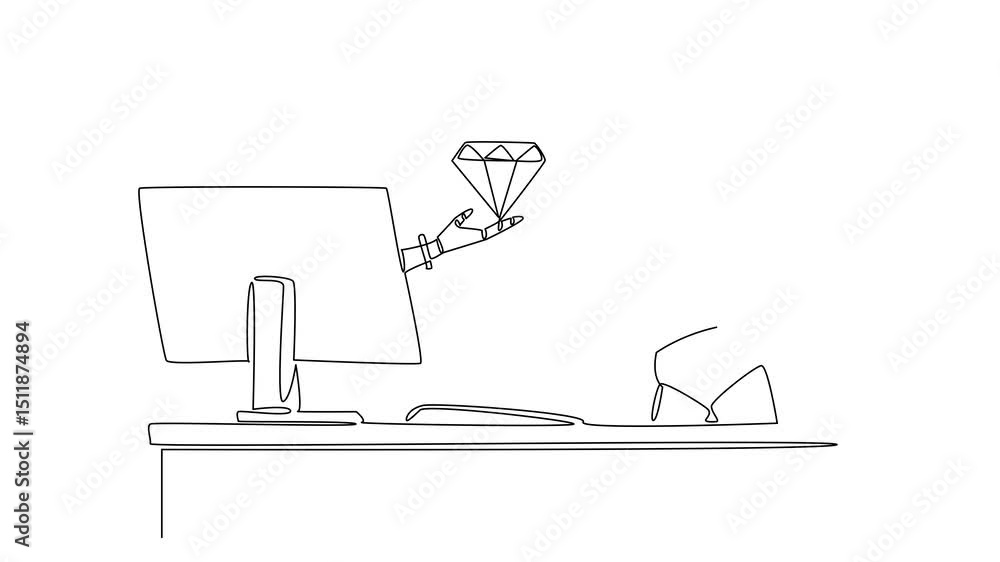 Poster animated self drawing of one line drawing hand of robot out of monitor screen while holding a diamon