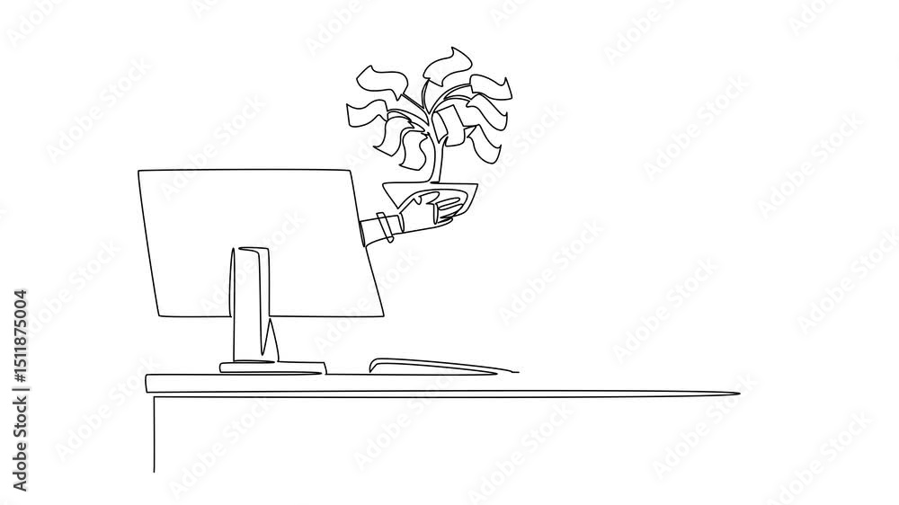 Poster animation self drawing of robot out of monitor screen while hold money tree with leaves made of bank
