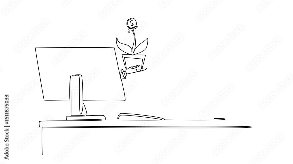 Poster self line drawing hand of robot out of monitor screen while hold money tree with dollar coin fruit. 