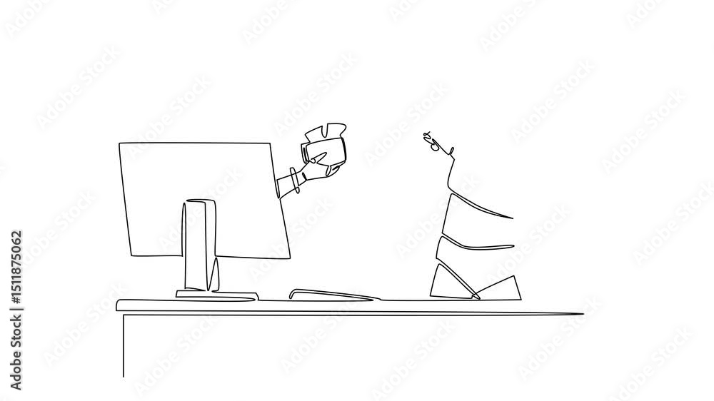 Poster animation of continuous one line drawing hand of robot out of monitor screen while hold money tree w