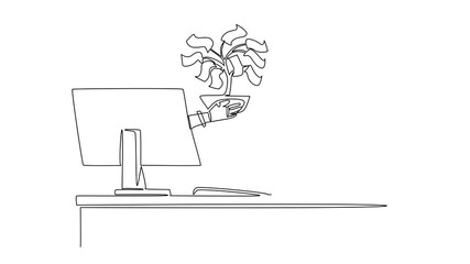 Animation self drawing of robot out of monitor screen while hold money tree with leaves made of banknotes. Branching benefits. Things from Screen. Single line draw design animate full length