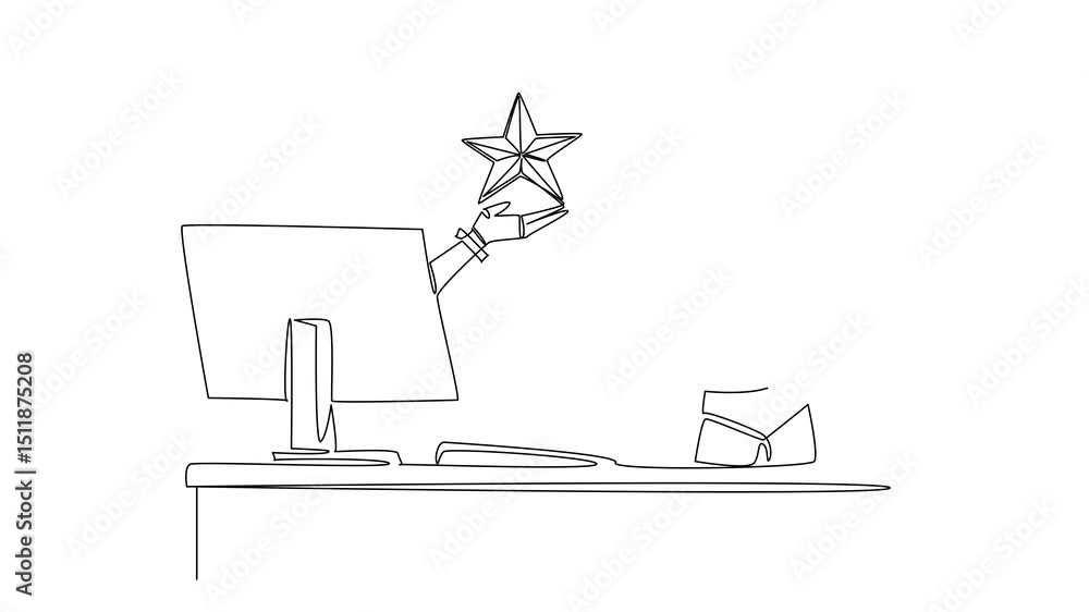 Aufkleber animated self drawing of one line drawing hand of robot out of monitor screen while holding gold sta