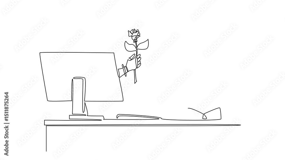 Poster self drawing animation of continuous line drawing hand of robot out of monitor screen while holding 