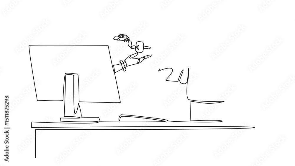 Poster animated self drawing of single one line drawing hand of robot out of monitor screen while holding c