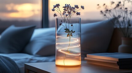 A clear cylindrical vase with integrated LED lights forming a spiral within, highlighting the water and submerged flower stems, glowing subtly on a wooden nightstand in a softly lit bedroom at dusk.