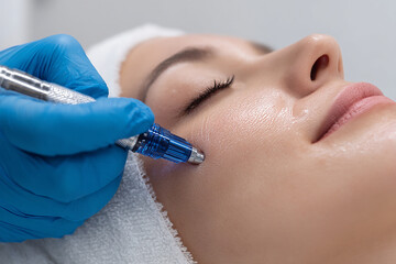 Close up of a beautiful woman face using dermapen treatment