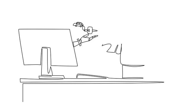 Animated self drawing of single one line drawing hand of robot out of monitor screen while holding car key with a car keychain. Reliable robot. Things from Screen. Full length single line animation