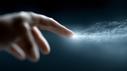 Futuristic Human and Robotic Hand Interaction, Deep Blue Background with Flowing Code and Intelligence Matrix, AI and human, neural network, digital code swirl, side view interaction, elegant tech 