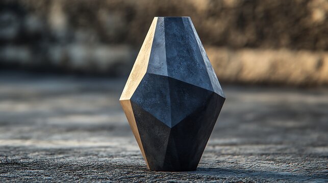A close-up of a faceted black vase with polygonal sides, resting on a concrete surface with a high-contrast spotlight illuminating one side, emphasizing texture and sharp edge transitions.