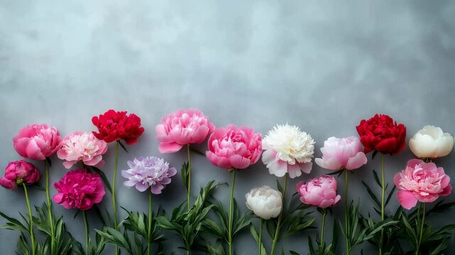 Vibrant Row of Colorful Peonies on Grey Background