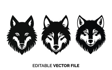 Majestic Wolf Head Silhouettes Vector Pack, Wild Animal Logo Design Elements, Editable Digital Graphics for Branding and Merchandise