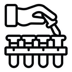 Laboratory flasks and hand with pipette line icon, pharmacy concept. Vector graphics. Medical experiment, medical test sign on white background, style for mobile or design.
