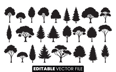 Diverse Tree Silhouette Vector Set, Customizable Nature Graphics for Landscape Design and Architectural Projects, Editable Digital File