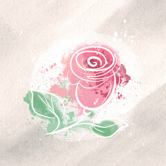 Delicate spring watercolor rose on a textured beige background, hand-drawn illustration. Sticker, postcard, sketch, watercolor flower, rose