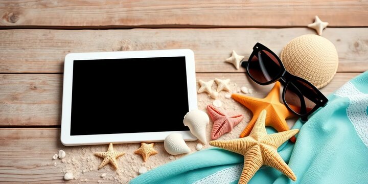 Tablet, seashells, starfish, sunglasses, sand, towel on rustic wood background, seaside, tablet - Powered by Adobe