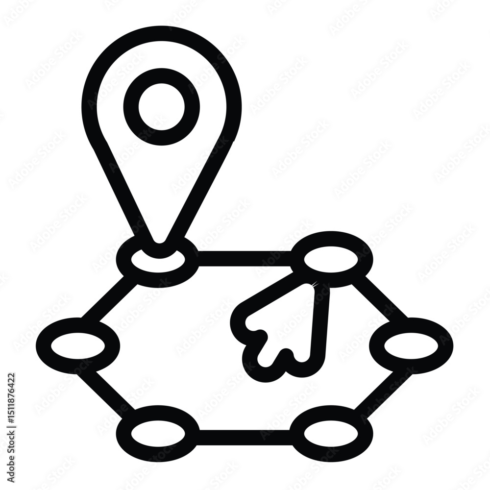 Poster location pin and route with mouse cursor line icon, navigation concept. vector graphics. position ma