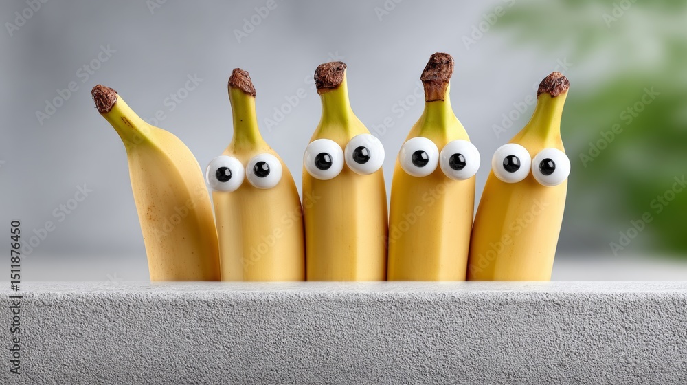 Poster bunch of bananas with eyes drawn on them. the bananas are arranged in a row and are looking at the c