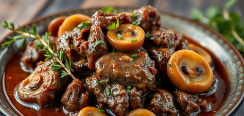 Fototapeta premium Tender braised beef, earthy mushrooms, fragrant herbs A culinary masterpiece, texture, herbs