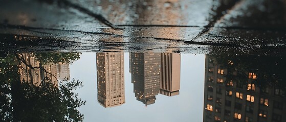 Cityscape reflection captured in a puddle on urban pavement, creating unique perspective