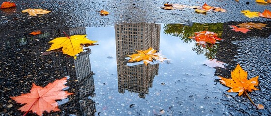 Autumn reflection: Cityscape mirrored in a rainwater puddle with fallen leaves
