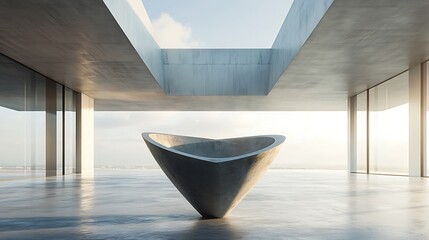 A large concrete vase with a hollow center and sharp beveled edges, styled as an architectural object in a wide open space with polished concrete floors and diffused daylight entering from skylights.