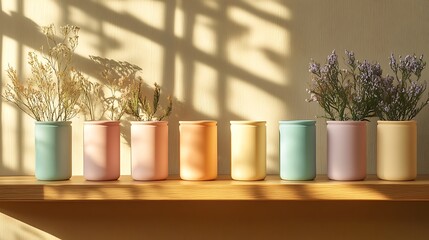 A lineup of silicone-coated vases in pastel rainbow colors (mint, blush, peach, lilac), arranged on a floating wooden shelf,
