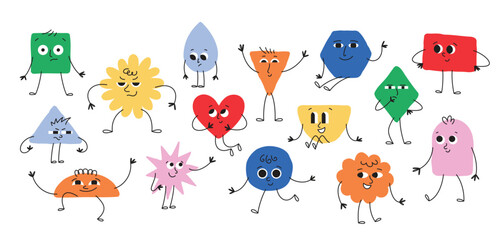Big set of cute hand drawn geometrical shapes with various emotions. Vector abstract shapes collection