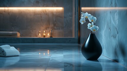 A matte black minimalist vase with internal LED lighting in soft blue, illuminating a small orchid stem, placed in a luxurious modern bathroom with marble and brushed metal accents.
